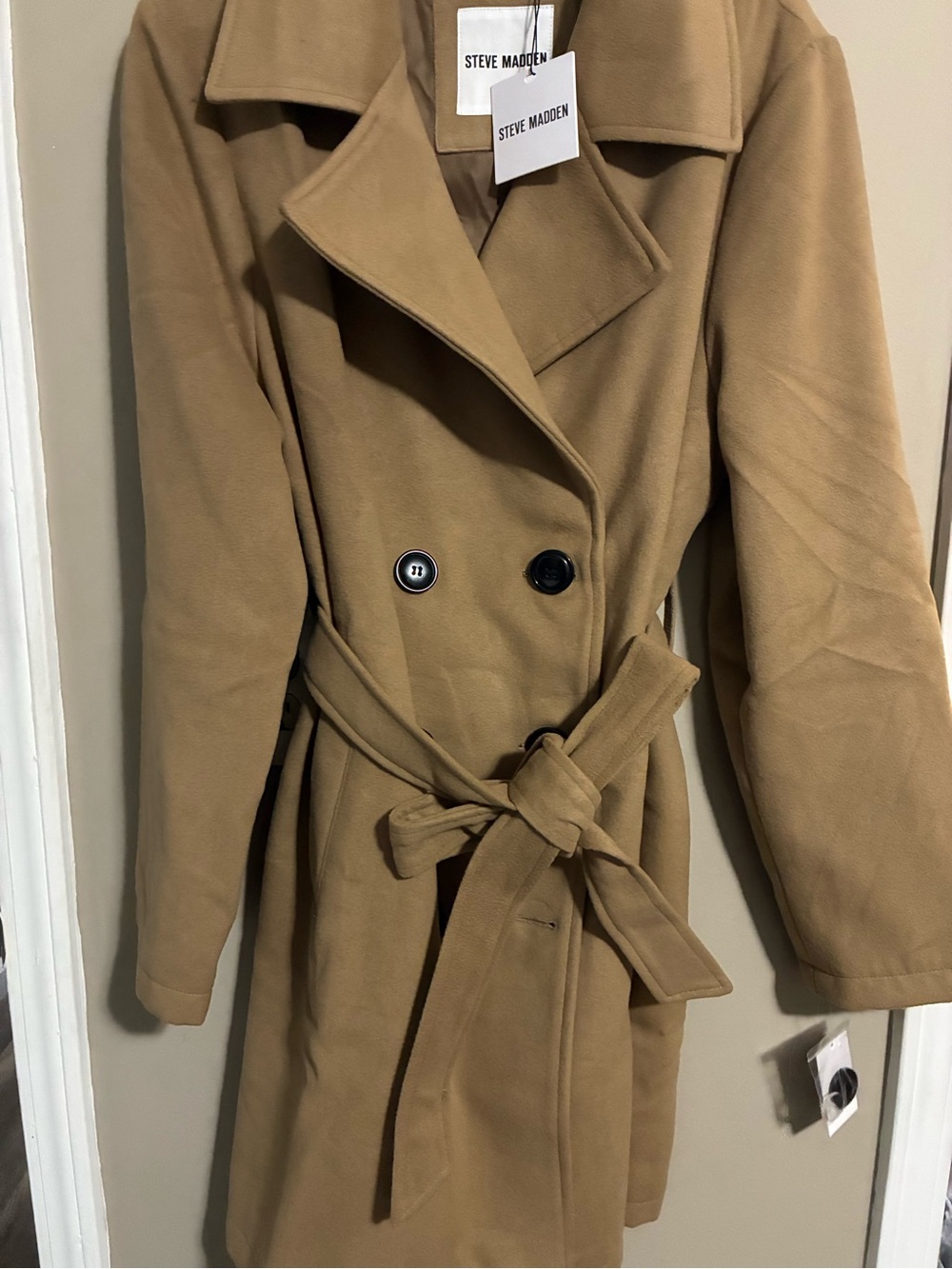 Steve Madden Tan Double-Breasted Belted Trench Coat